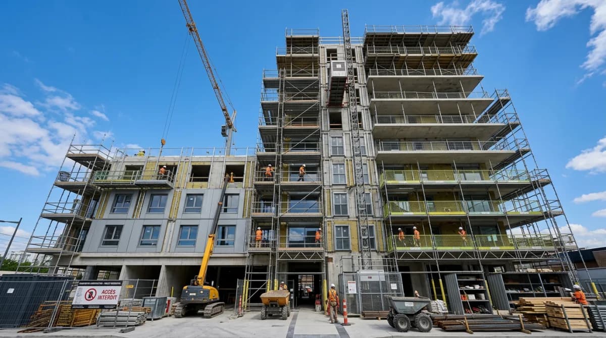 Immeuble neuf en construction avec grue et échafaudages — les étapes de l'achat immobilier neuf en VEFA