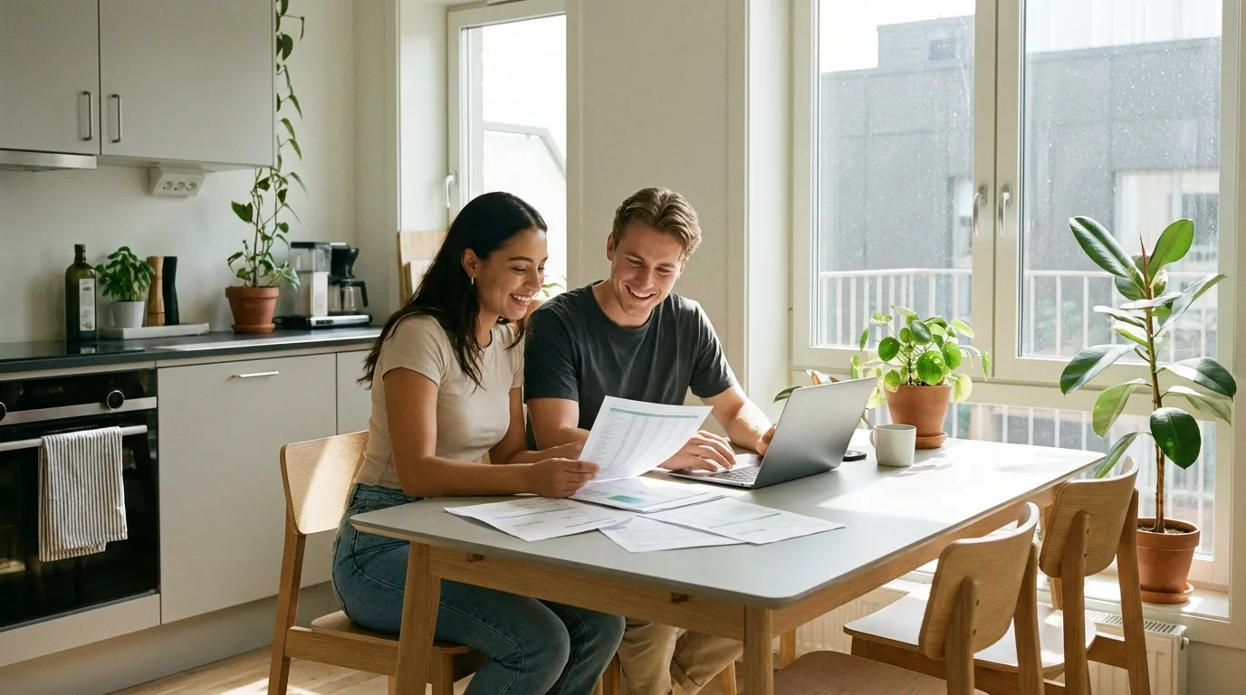 Jeune couple souriant préparant leur dossier de financement immobilier avec documents de prêt et ordinateur portable dans leur appartement
