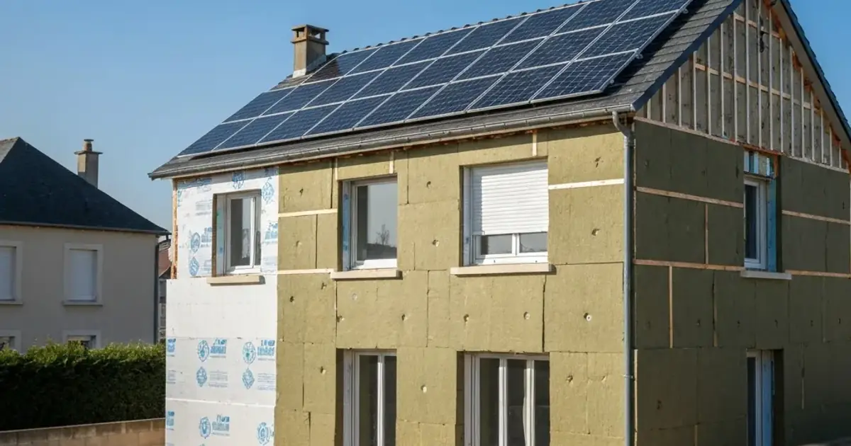 Maison en cours de rénovation énergétique avec isolation et panneaux solaires