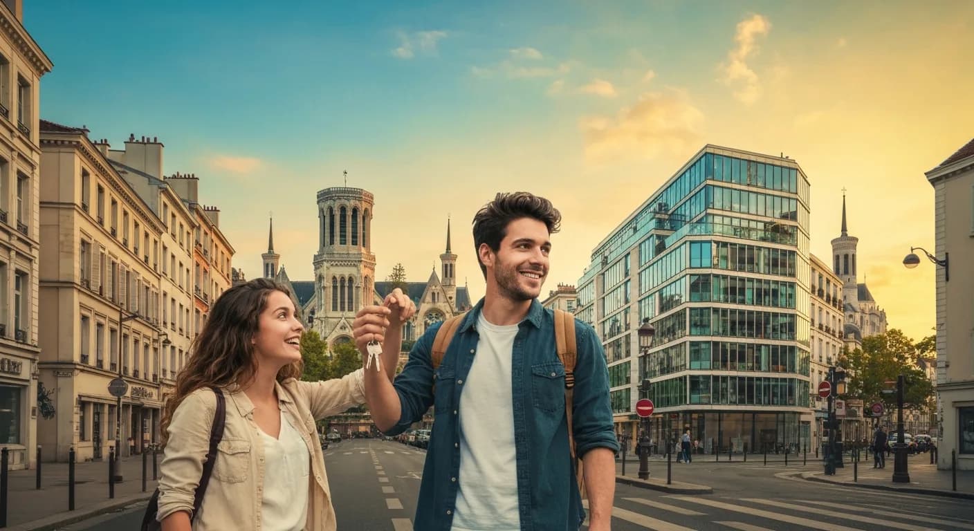 Couple primo-accédant devant leur appartement neuf à Lyon acheté avec le PTZ