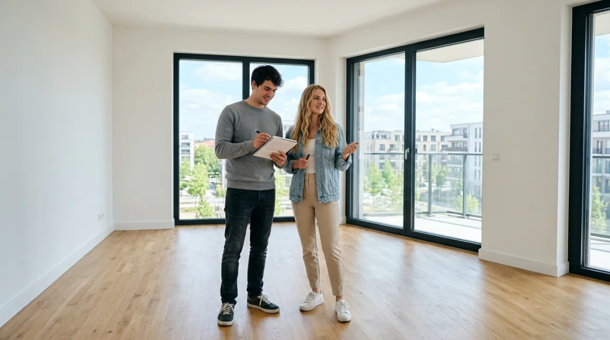 Couple visitant leur appartement neuf lors de la livraison — vérification de la garantie de parfait achèvement