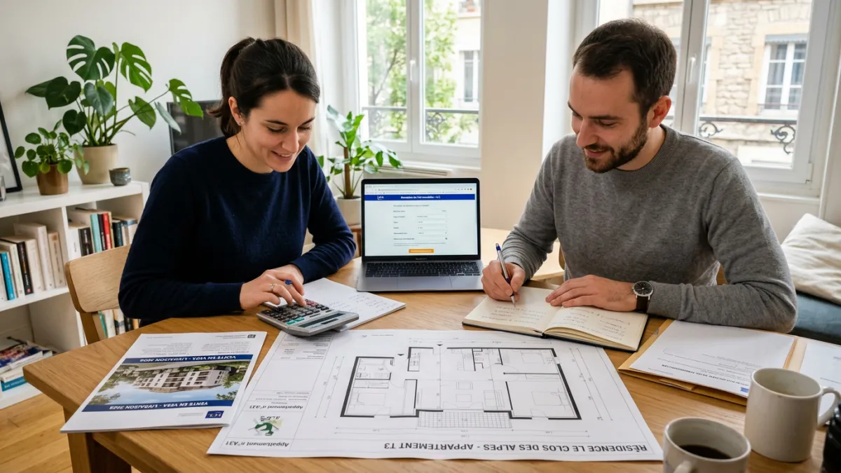 Couple regardant un immeuble résidentiel moderne dans une ville française, symbolisant l'accession à la propriété pour les classes moyennes