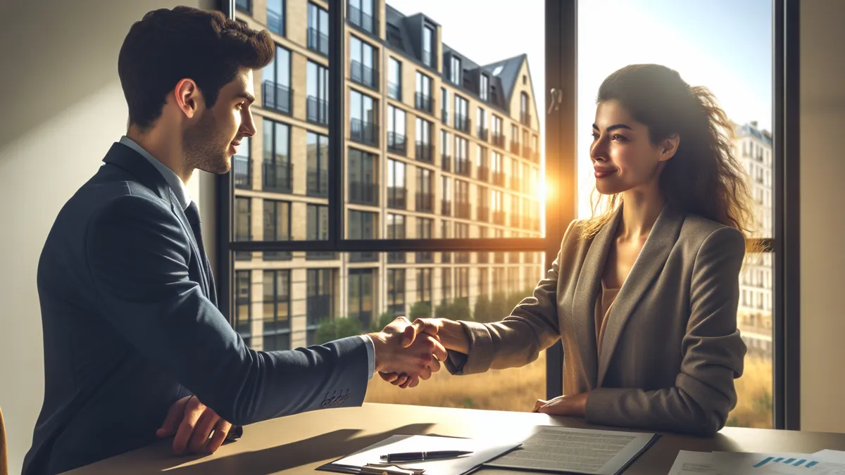 Poignée de main entre un primo-accédant et un représentant employeur devant un immeuble neuf