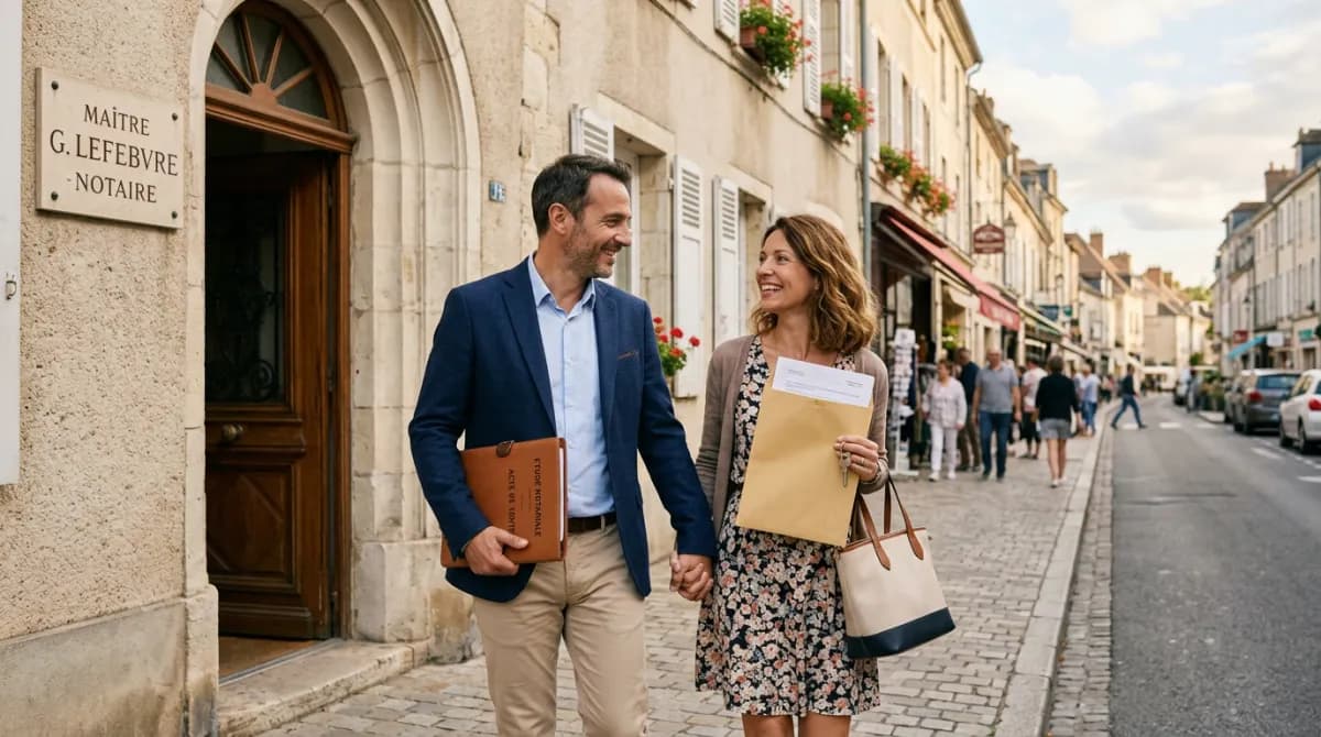 Couple souriant sortant de chez le notaire avec acte et clés après signature achat immobilier PACS 2026