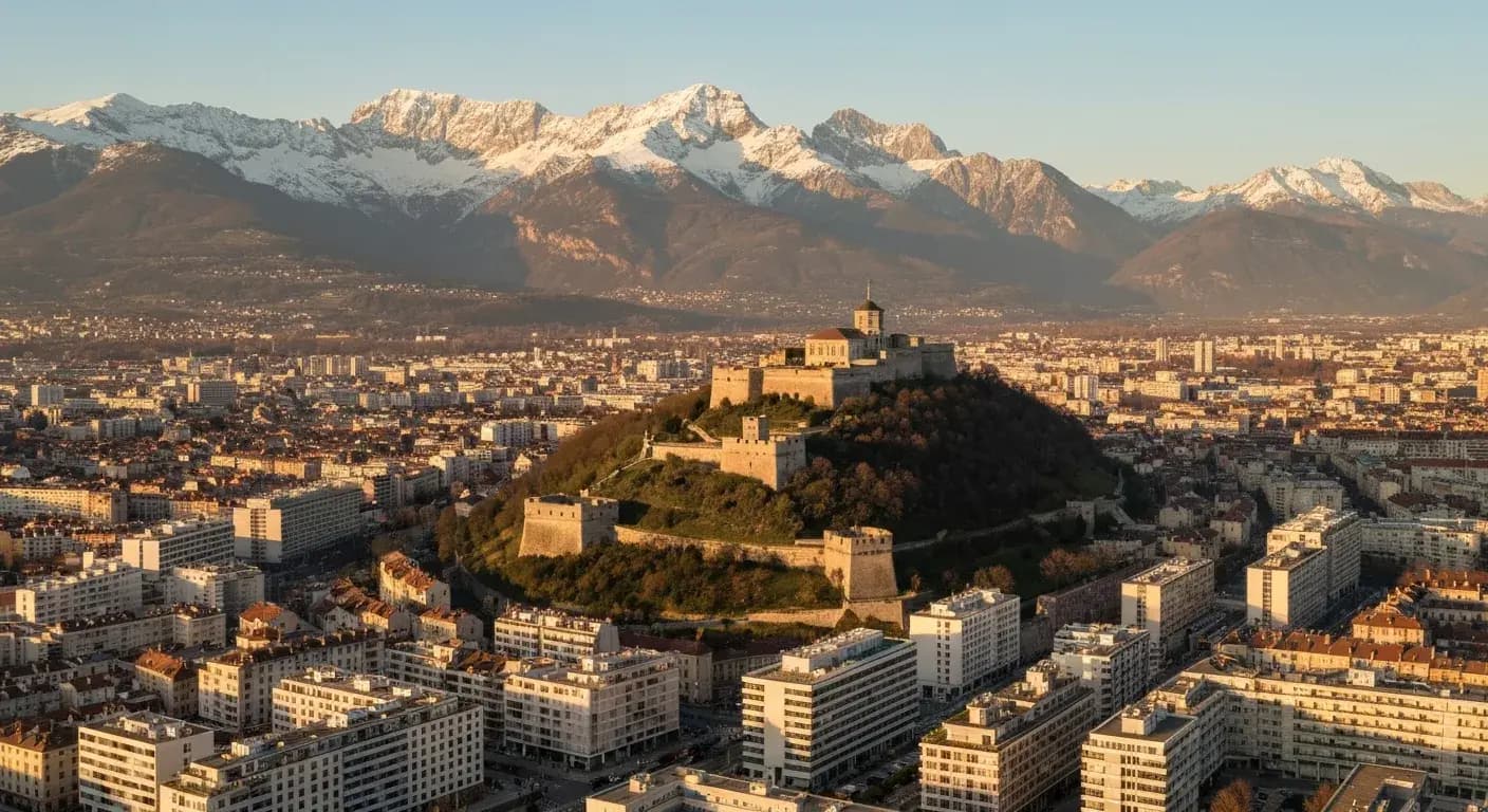 Vue de Grenoble avec les Alpes et des immeubles neufs