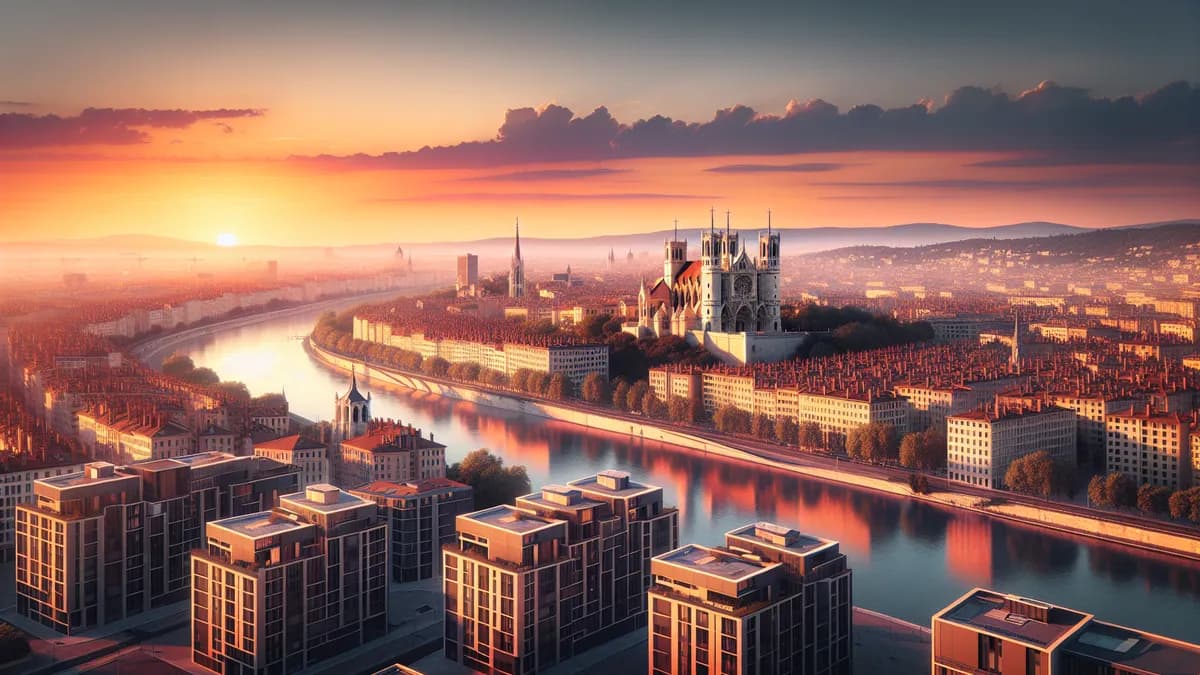 Vue aérienne de Lyon avec la basilique de Fourvière et des immeubles neufs au coucher du soleil