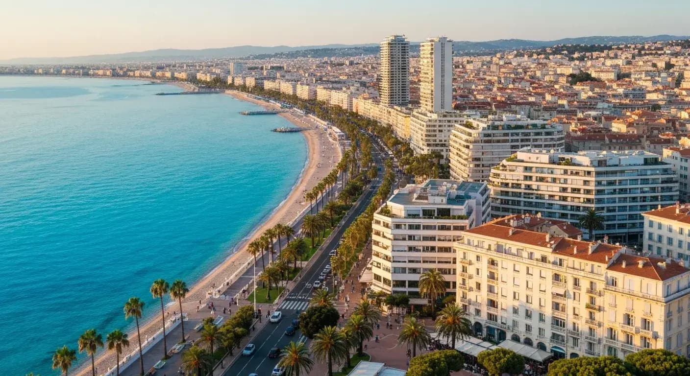 Vue aérienne de Nice avec la Promenade des Anglais et des immeubles neufs