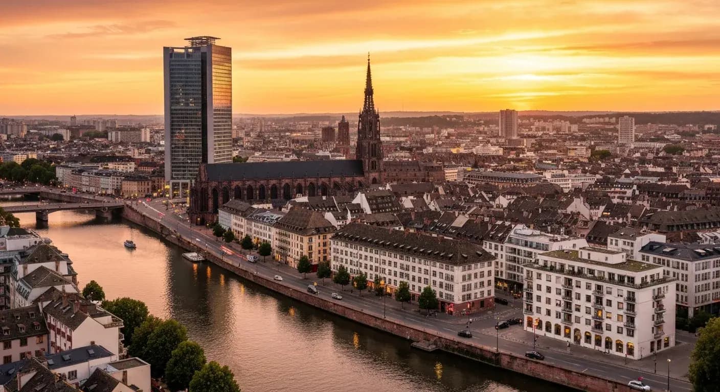 Vue de Strasbourg avec la cathédrale et des programmes immobiliers neufs le long du Rhin