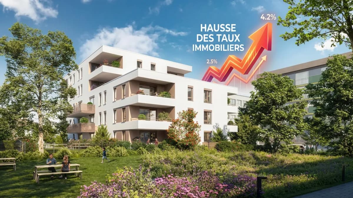 Immeuble résidentiel neuf avec graphique de hausse des taux immobiliers de 2,5 % à 4,2 % en 2026
