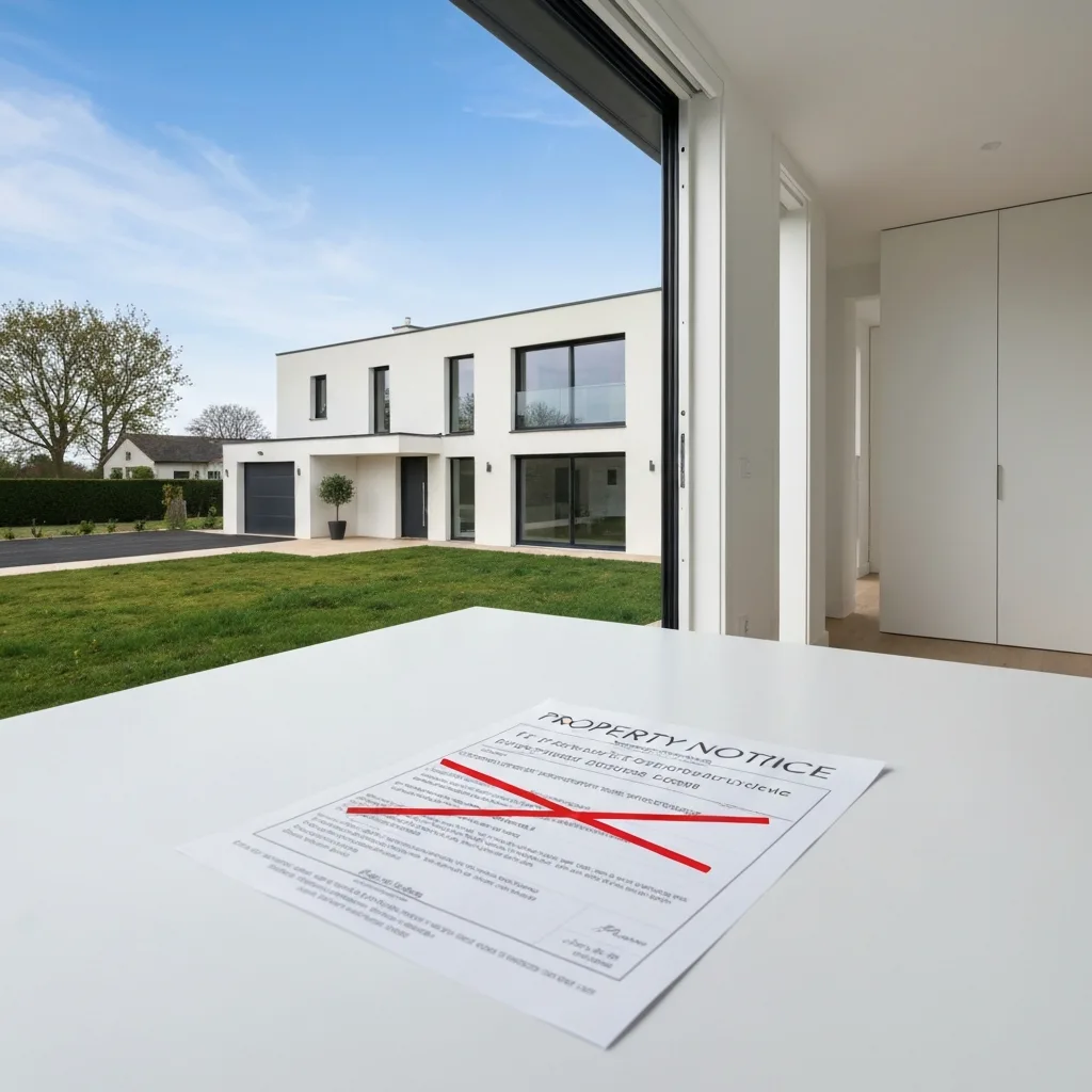 Maison neuve avec un avis de taxe foncière barré, symbolisant l'exonération de 2 ans