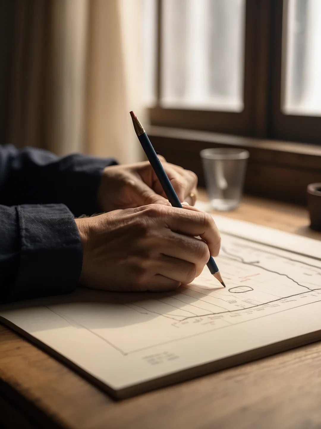 Une main annote au crayon une fourchette d'estimation sur une feuille, à la lumière du jour.