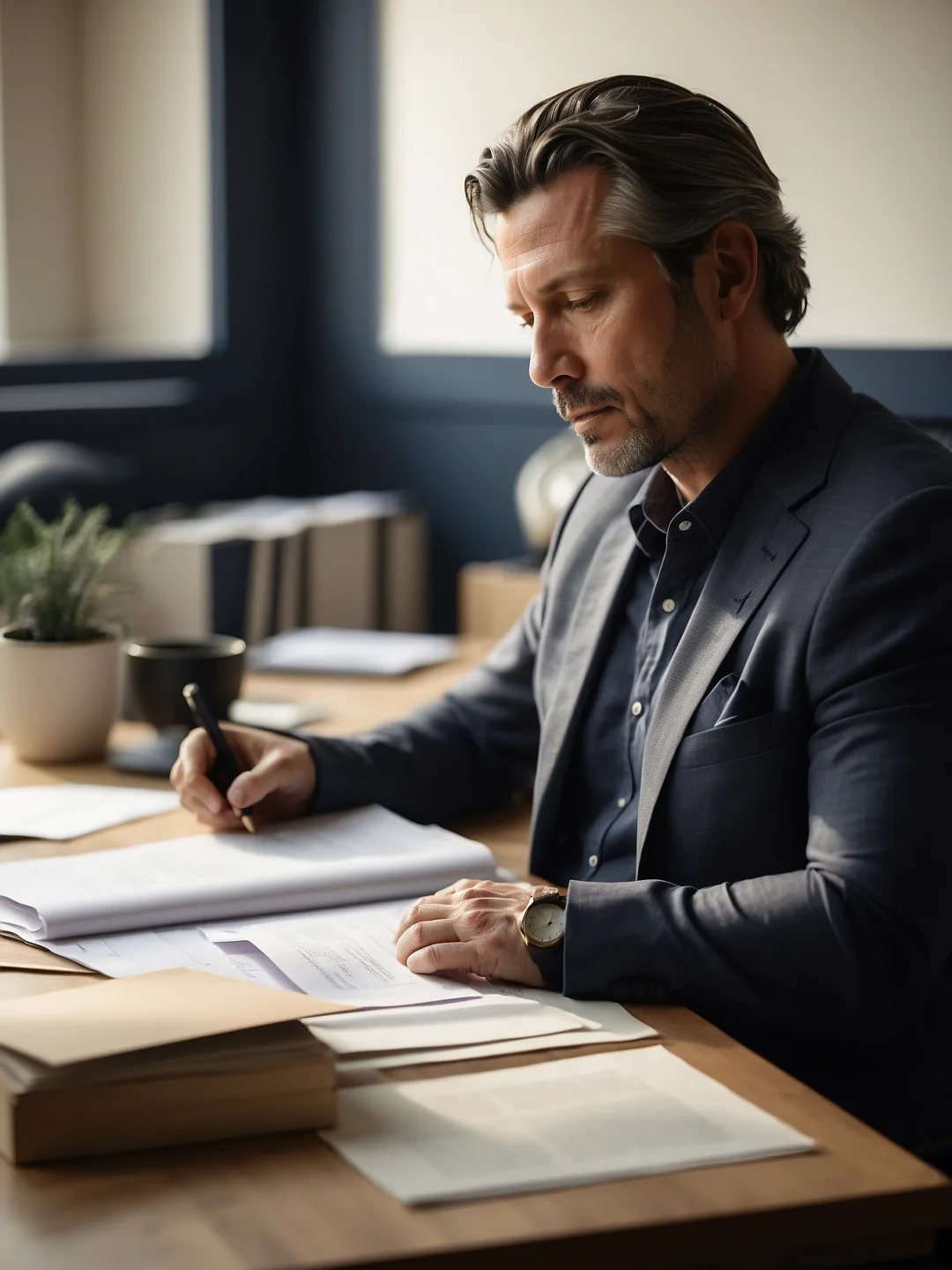 Un professionnel de l'immobilier étudie un dossier à son bureau, dans une lumière naturelle.