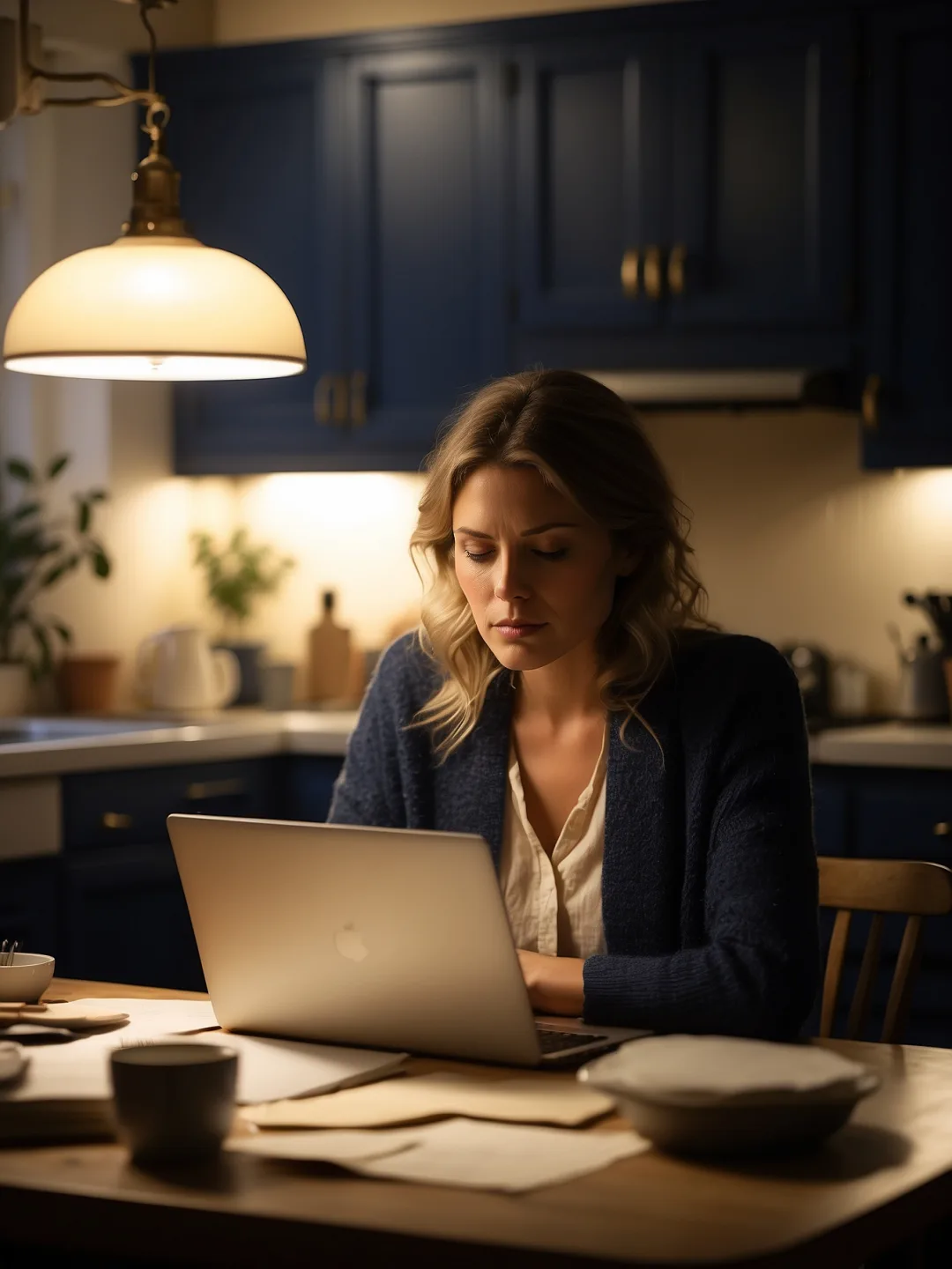 Une personne seule, le soir, à sa table de cuisine, devant un ordinateur portable et des papiers.